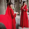 Yosimi Floor-Comprimento Vermelho Chiffon Mulheres Vestido Vestido Verão V-Pescoço De Sleeve Fit e Flare Evening Party Elegant 210604
