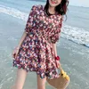 French Vintage Floral Dress Casual Puff Sleeve Women Sexy Mini Korean Ladies Spring Party Clothes 210604