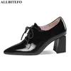 Allbitefo Mode Märke Äkta Läder Tjock Heels Office Ladies Skor Kvinnor Heels Skor High Heel Shoes Alons Hauts Femme 210611