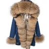 Maomaokong Fur Coat Real Fur Denim Coats Vinterjacka Parkas Hooded Real Rabbit Fur Liner Kvinnors Jacka 211110