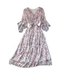 Lato Boho Drukuj Szyfonowe Święta Midi Kobiety Słodkie Kwiatowe Suknie Nieregularne Rękaw Płaszcz V Neck Ruched Sundress 210430