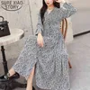 Elegante abito da donna manica lunga con scollo a V puntino in chiffon con bottoni A-Line Empire es Fashion coreano vintage 8560 50 210508