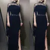 2021 High Neck Navy Blue Suknie Wieczorowe Nosić Kaftan Dubai Crystal Zroszony Długie Rękawy Party Suknie Skromne Robe de Soiree Split Sukienka