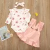 Frühling süße Mädchen Baumwolle Kleidung Set Mode Baby gedruckt Strampler + Sling Rock Kopftuch dreiteilig geboren 210515