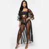 Femmes Maille Transparente Bikini Cover-up Été Cardigan Maillots De Bain Plage Robe Longue Femme Rayé Sexy Noir Cover Ups Sarongs