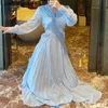 Vintage blå klänningar för kvinna v-hals hög midja maxi vestido långärmad bana elegant fest klänning kvinnlig 210603