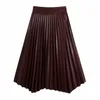 Women Autumn Vintage PU Pleated Skirts Solid High waist Fashion Street A-Line Female Elegant Skirt Clothing BB2969 210513