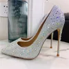 Casual Designer Sexy Lady Fashion Women Shoes Crystal Glitter Strass Pointy Toe Stiletto Stripper High Heels Zapatos Mujer Prom Evening pumps Large size 44 12cm