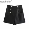 Dupla Breasted Button Decoração Mulheres Shorts Cintura Alta Cintura Zíper Remendo Bolso Feminino Casual Reta 210604