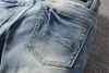 Designer Fashion Blue Mens Slim Jeans Skinny Casual Fluff Folds Holes Motorcykelbyxor Rippade denim Roman Script Letter199y