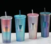 Diamant Cold Cup 24oz 710ml Dubbelvägg Matte Plast Tumbler Kaffe Kopp med halm Återanvändbar Klart Dricker Sn3226