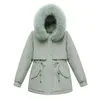 Kvinnor förtjockad jacka vinter varm kappa koreanska mitten av bomull fleece liner päls krage plus storlek Parker 211126
