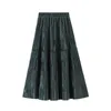 OHRYIYIE couleur unie femme Vintage longue velours jupe plissée femmes printemps automne élégant mode dames taille haute une ligne 220224