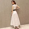 Lace dress women white black S-2XL plus size summer Korean slim beach holiday sleeveless floor-length with belt LR802 210531