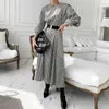 Kore Zarif Retro O Boyun Dikiş Fener Kollu Elbise Kadınlar Için Siyah Ve Beyaz Houndstooth Uzun Dresswith Kemer Kadınlar için 210514
