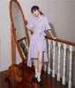 Asymmetrical Long Shirt Dress Women Purple Button Up Short Sleeve Collar Summer Dresses Casual Korean Style 210427