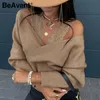 Beauvant Kaki Sexy Pulling Sweater Femme One Line Collier Taille High Taille Pull Discothèque Pull tricoté d'hiver 210709