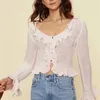 Women Spoon Neck Ruffles Edges Knit Cardigan With Flare Sleeve HOPA Sweater 210512