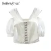 Vintage Blanc Patchwork Bouton En Métal Chemises Pour Femmes Col Carré Puff Manches Courtes Blouses Slim Femme 210524