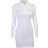 Jesień jednolity kolor z długim rękawem Bodycon Ribbed Lapel Tee Dress Kobiety Proste Casual Office Lady Mini Sukienki Mujer 210517