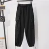 Queda de algodão roupa sólida com estilo de safari Calças de cintura alta mulheres casuais soltas calças elásticas pantalon10656 210521