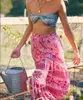 Böhmen Spliced ​​Pleated Floral Print Långkjol Hippie Kvinnor Justera Ström Elastiska Midja Swing Kjolar Holiday Beach 210429