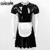 Uomo Sissy Maid Dress Costume Cosplay Clubwear Manica corta a sbuffo Wetlook Latex Servo Uniforme svasato con grembiule 2112231032063