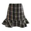 PERHAPS U Black Khaki Mermaid Trumpet Empire Button Ruffle Skirt Plaid Tweed Winter Autumn Short High Street S0122 210529