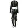 Free Sexy Bodycon Mesh Lace-up Pencil Pants Set O-Neck Long Sleeve Short Top & Drawstring Two-Piece 210524