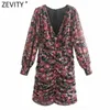 Zevity Women Vintage V Neck Floral Stampa floreale Mini abito Slim Dress Female Chic Gu app -Summer Chiffon Short Vestido DS8162 210603
