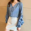 Spring Solid Shirts for Women V-neck Satin Blouses Casual Petal Sleeve Loose Office Ladies Shirt Tops Female 13092 210427