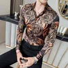 Luxo Camisa Dourado Homens Manga Longa Casual Slim Fit Vestido Camisas Social Smoking Camisas Masculinas Chemise Mome 210527