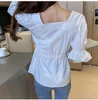 AELEGANTMIS Regulowany Talia Kobiety Bluzka Elegancka Kołnierz SQure Koszulki Kobiet Vintage Stylowe Topy Biały Chic Koreański 210607