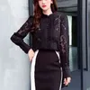 Spring Fashion Button Lace Blouse Women Office Lady Long Sleeve Stand Collar Lace Shirts Women Plus Size Clothing 13053 210518