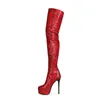 Stivali Donna 2022 Rosso Autunno Inverno Scarpe Stage Coscia alta Sexy Modello pelle di serpente Tacchi a spillo Piattaforma Punta tonda Slip On