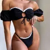 Sexy Bez Ramiączek Ruched Swimsuit Bandeau Bikini Black Hollow Lace-Up Micro Thong Summer Casual Beach Wear for Women Party 210604