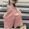 Meisjes zomer jumpsuit plaid sling vierkante kraag overalls mode wijd been broek baby kinderkleding kinderkleding 210625