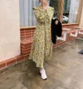 Wiosna i jesień damska Vintage Szyfonowa Maxi Dress Loose Kawaii Lapel Lapel Długim Rękawem Drukowane Femme Robe 210514