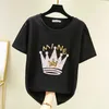 Plus Size List Drukuj Korea T Shirt Kobiety Lato Krótki Rękaw Aplikacje Tshirt Topy Casual Diamond White Tee Shirt Femme 210604