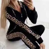 Jogoo Jolee Mulheres Leopard Print Shipsuit Outono Inverno Dois Peças Definir Splice Velo Casaco Dentro Calças Casuais Calças Longas Terno 210518