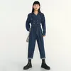 [EAM] losse fit vrouwen donkerblauw riem denim jumpsuit hoge taille zak stitch broek mode lente herfst 1DD5864 21512