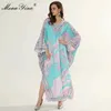 Moda Designer Sukienka Jesień Damska Dress V Neck Batwing Rękaw Drukuj Luźne Plus Size Maxi Dresses 210524