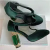 Luxury Emerald Agate Chunky Heel Wedding Shoes Jeweled High T-strap Green Velvet Round Toe Rhinestone Pumps Women