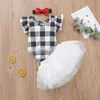 Zestawy odzieżowe Dzieci Dziewczyny Lattice Stroje Dzieci Love Plaid Latający Rękaw Topy + Koronki Spódnice + Kłębek Pałąk 3 sztuk / Ustaw Summer Moda Boutique Baby Odzież