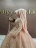 Blush roze moslim trouwjurken bruidsjurk 2021 lange mouwen kanten applique kristallen hoge nek sweep trein op maat gemaakte vestido de novia