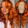 Spetsspår ingefära fram peruk orange färgat mänskligt hår 13x4 kroppsvåg brasiliansk remy stängning för kvinnor1843693