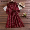 Eleganckie Kwiatowe Drukowane Suknie Bawełniane Kobiet Dorywczo Z Długim Rękawem Potargane Kobiety A-Line Vintage Plised Midi Vestidos 210520