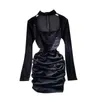 Autumn Style Sexy Halter Neck Square Neckline Big Velvet Dress with Chest Waist Folds Tight-fitting Hip UK928 210506