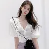 Women Sweater Summer Korean Chic Girl Elegant Temperament Wavy Side V-Neck Edging Puff Sleeve Hollow Knit Cardigan 210514