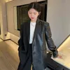 [EAM] Women Black Zipper Pu Leather Big Size Blazer Lapel Long Sleeve Loose Fit Jacket Fashion Spring Autumn 1DE0121 211116